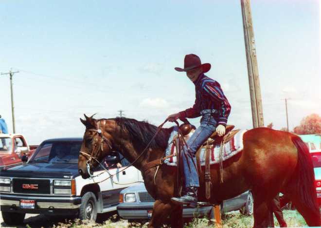Riding my trusty horse Mack, probably around 1991, for 4-H