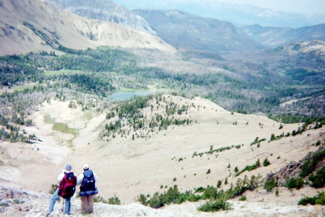 Paul Ross and Kerry Sanford trying how to get off this ridge to Fourth of July Lake below.