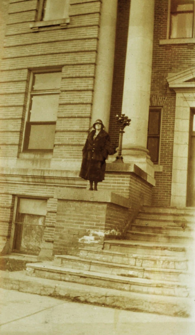Agnes Fife on the steps of the Fremont County Courthouse