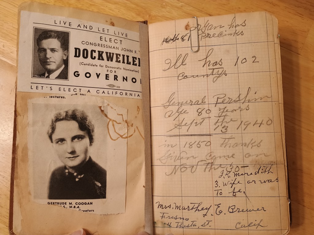 Dockweiler campaign card and Gertrude Coogan portrait tucked in the field book