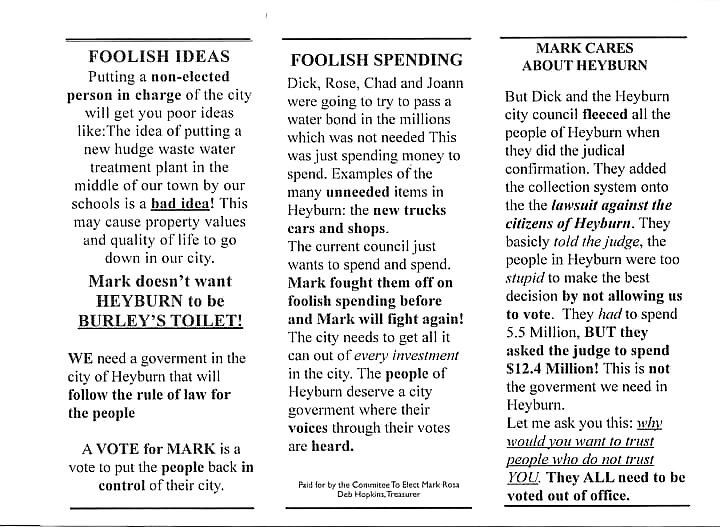 Mark Rosa campaign flyer, back, November 2021