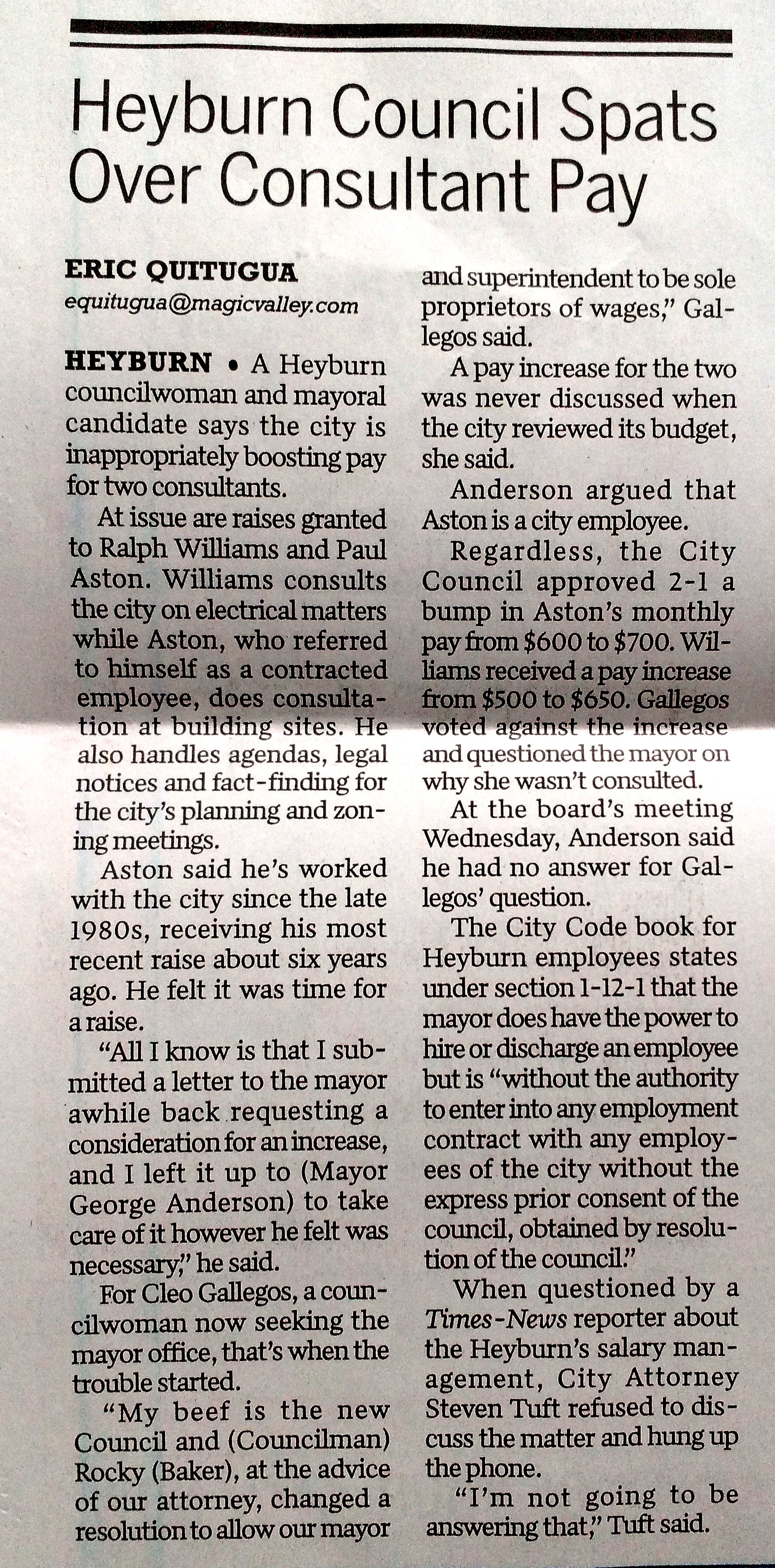Times-News article, Heyburn Council Spats Over Consultant Pay, October 2015