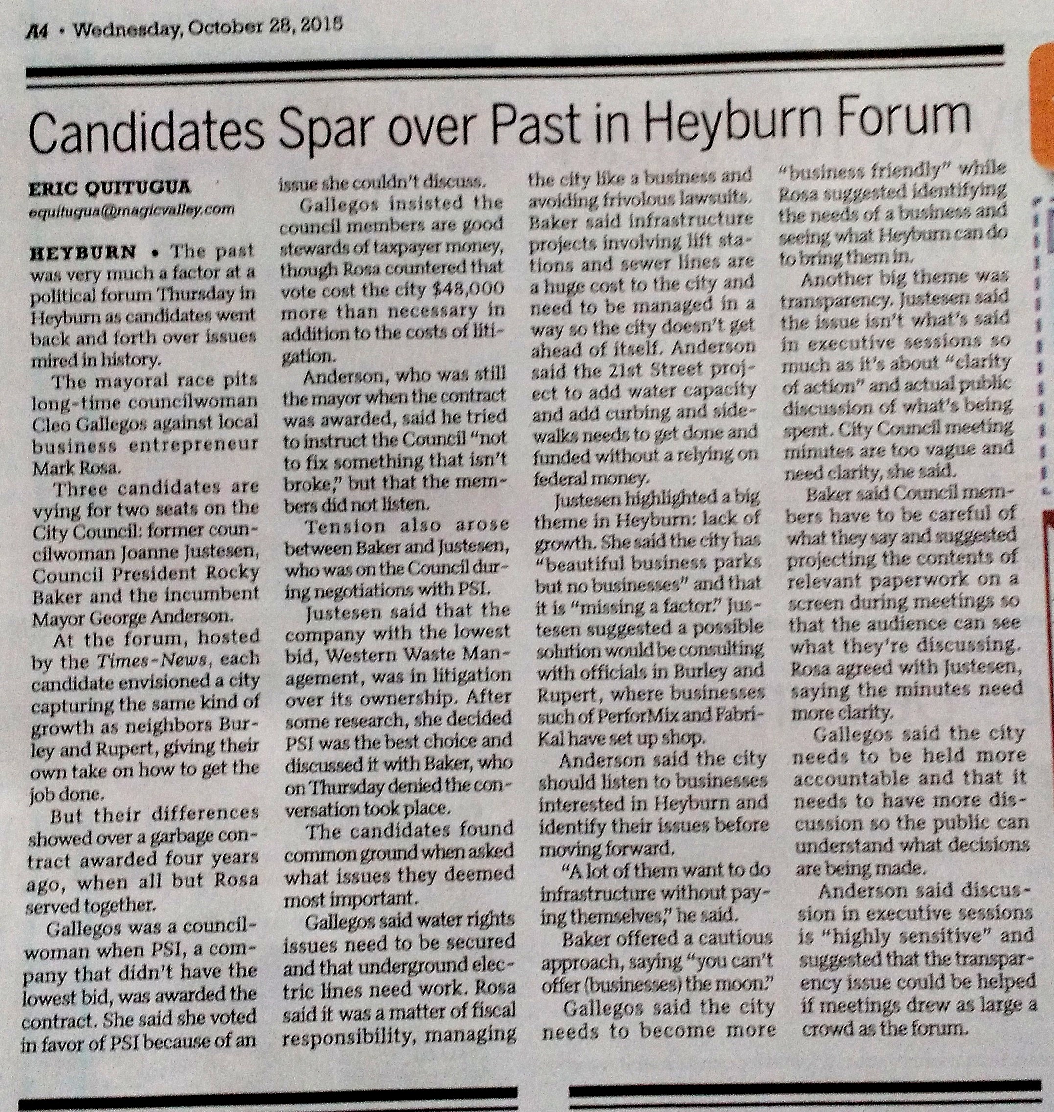 Times-News article, Candidates Spar over Past in Heyburn Forum, October 2015
