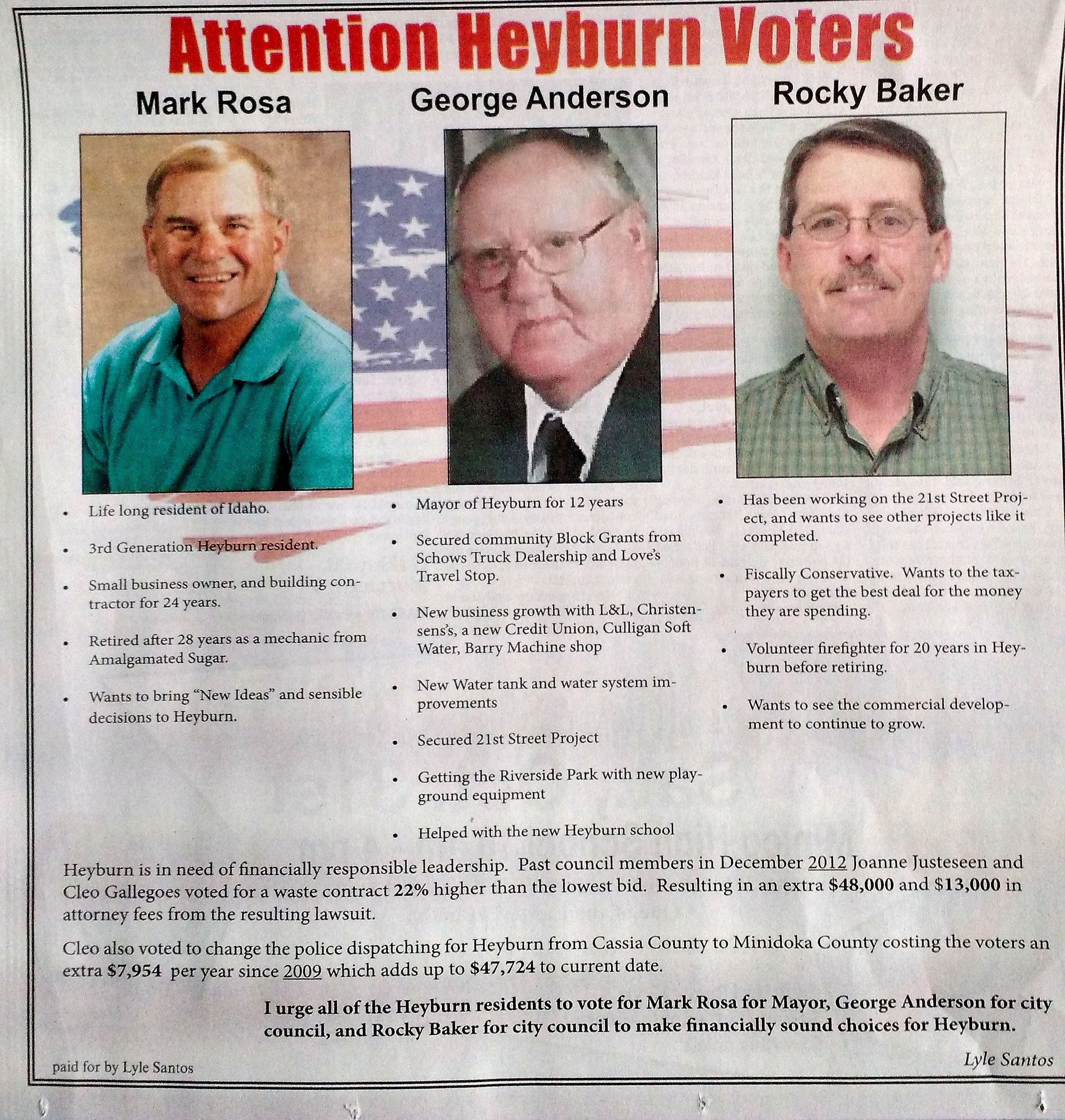 Campaign flyer, Attention Heyburn Voters, October 2015
