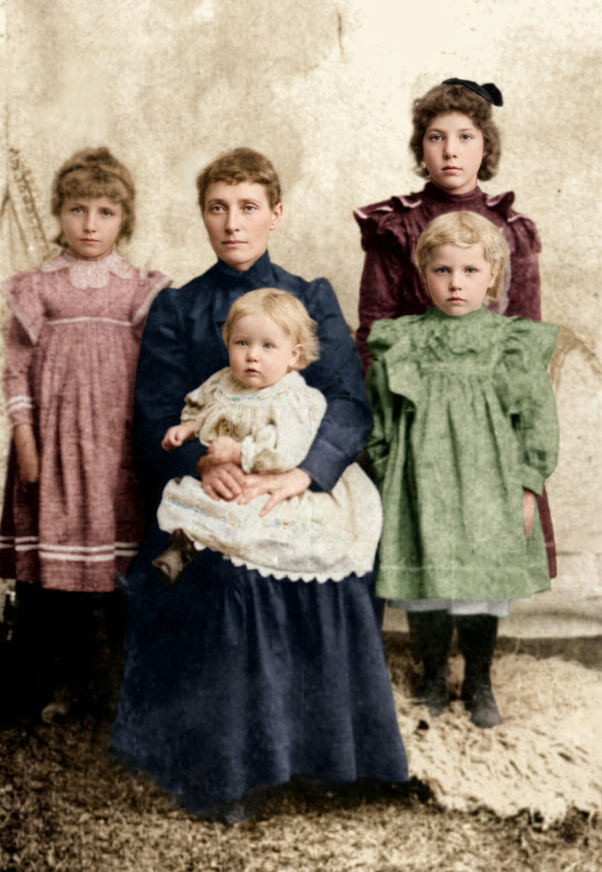 L-R Mary, Lillie (Mary Ann), Ethel (baby), Victorine, Edith (in front) Sharp